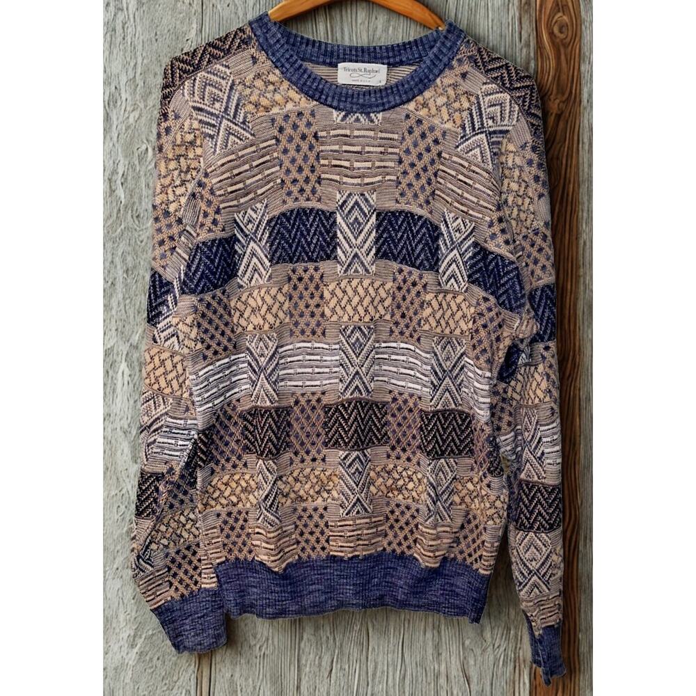 Tricots St Raphael Coogi Style Geometric Knit Sweater Mens L Made USA Vintage 90